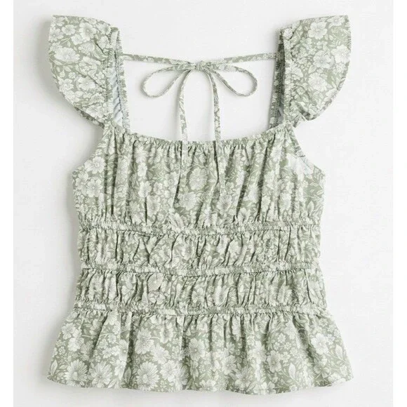 Altar'd State Sage Floral Smocked Peplum Top Boho Cottagecore Ruffle Flutter XS - Picture 2 of 3